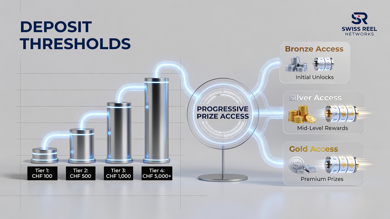Network diagram illustrating deposit tiers connected to progressive jackpot pools in Swiss online casinos